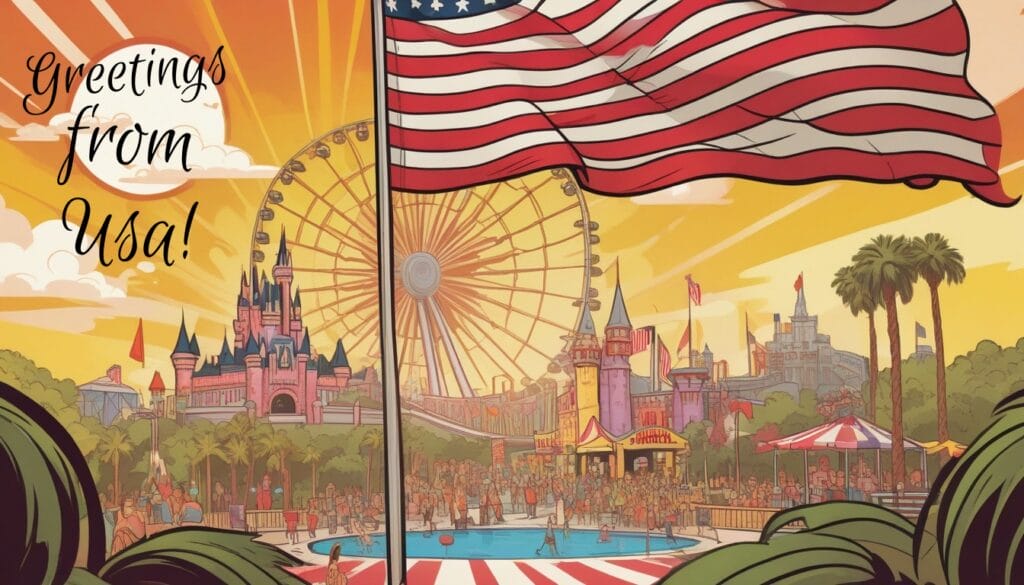 postal ilustrada de orlando con una bandera de estados unidos en estilo comic y con la frase greetings from USA