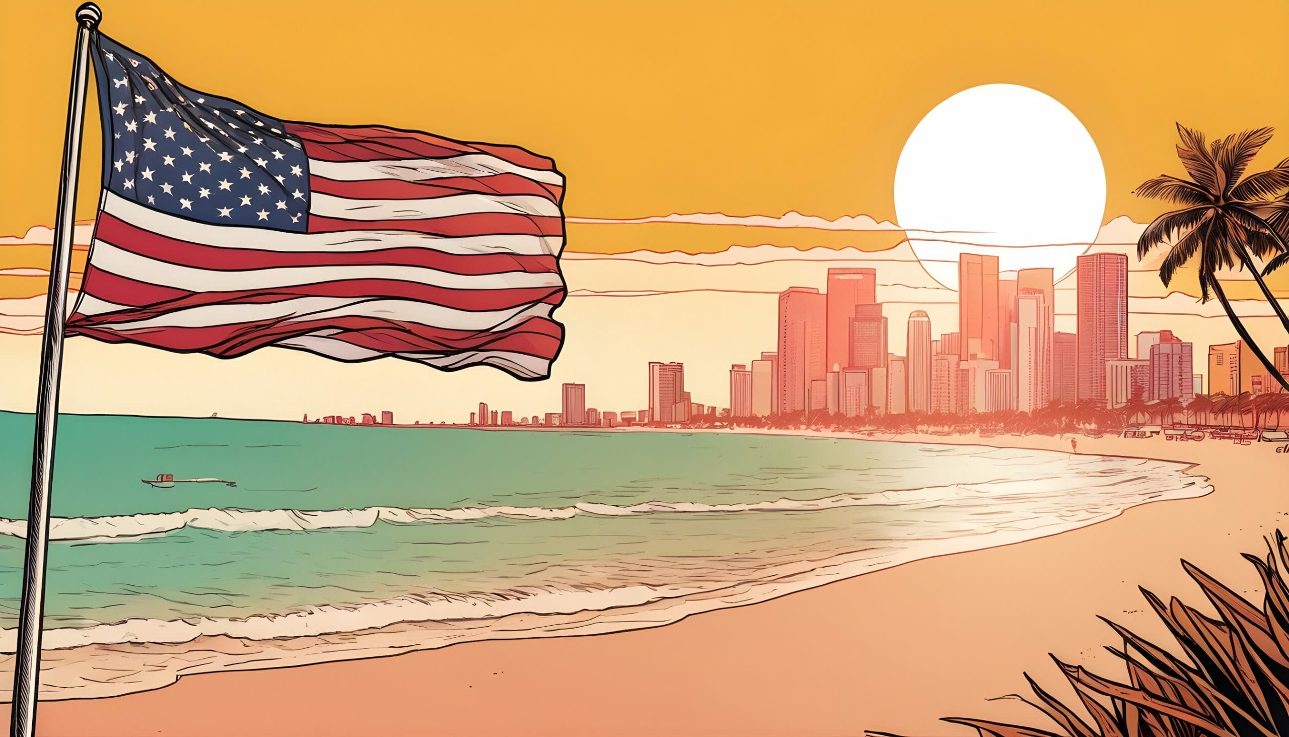 Skyline de Miami con la bandera de Estados Unidos, destino ideal para unas vacaciones desde Argentina.