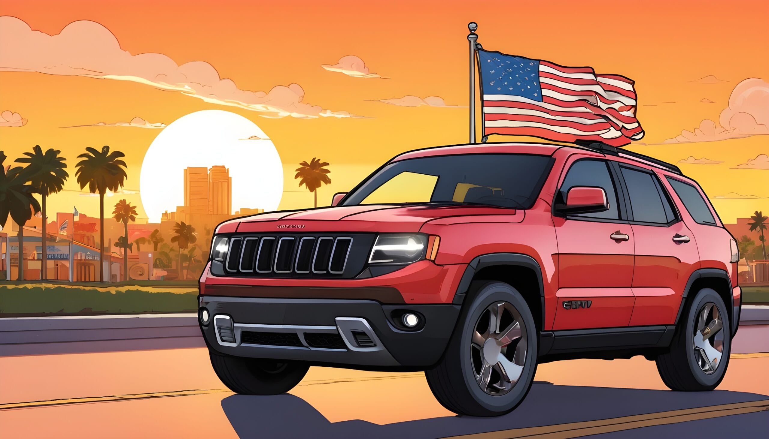 ilustracion de camioneta SUV de alquiler con la bandera de estados unidos detras