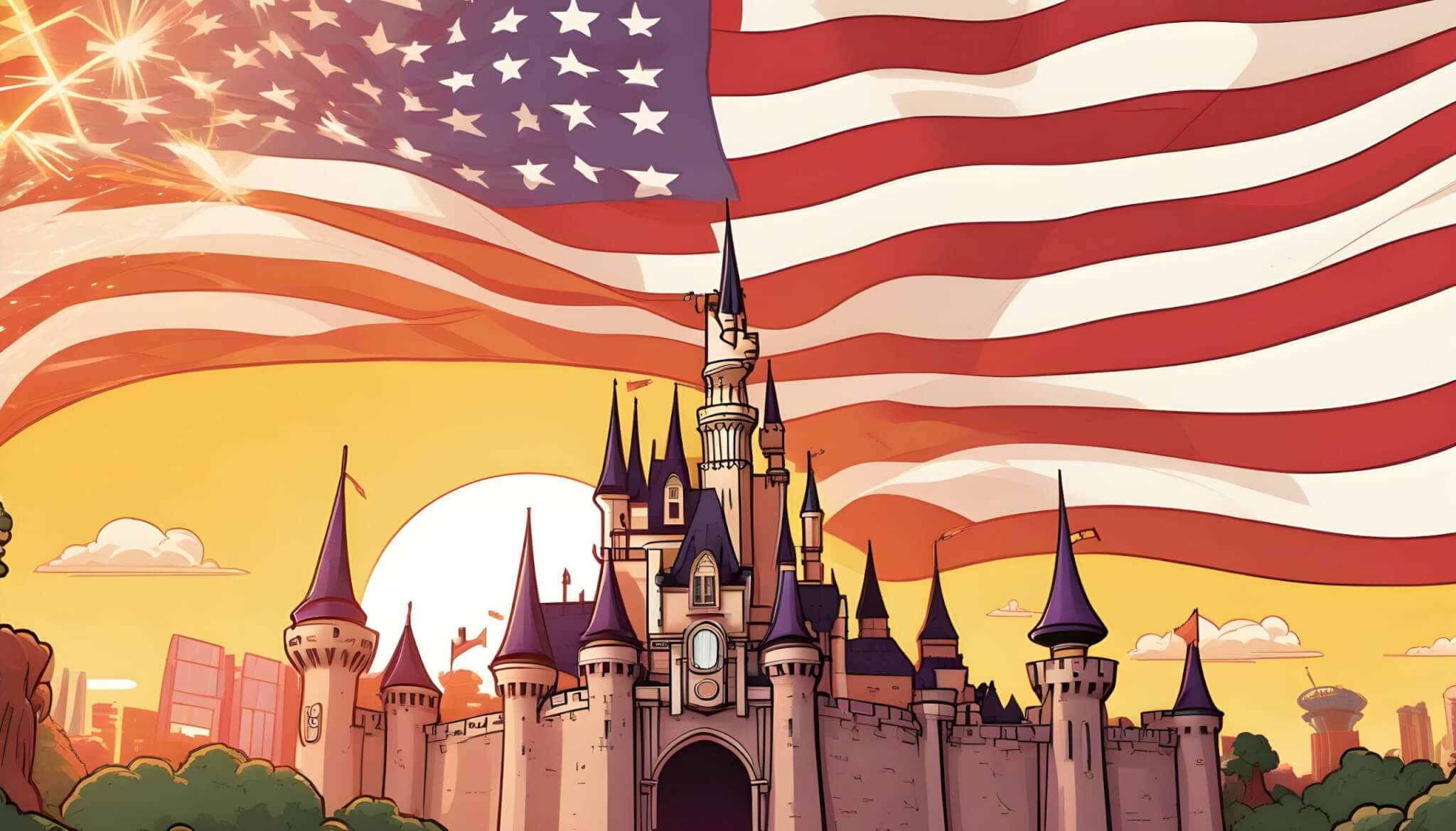 ilustracion del castillo de disney con la bandera estadounidense por detras