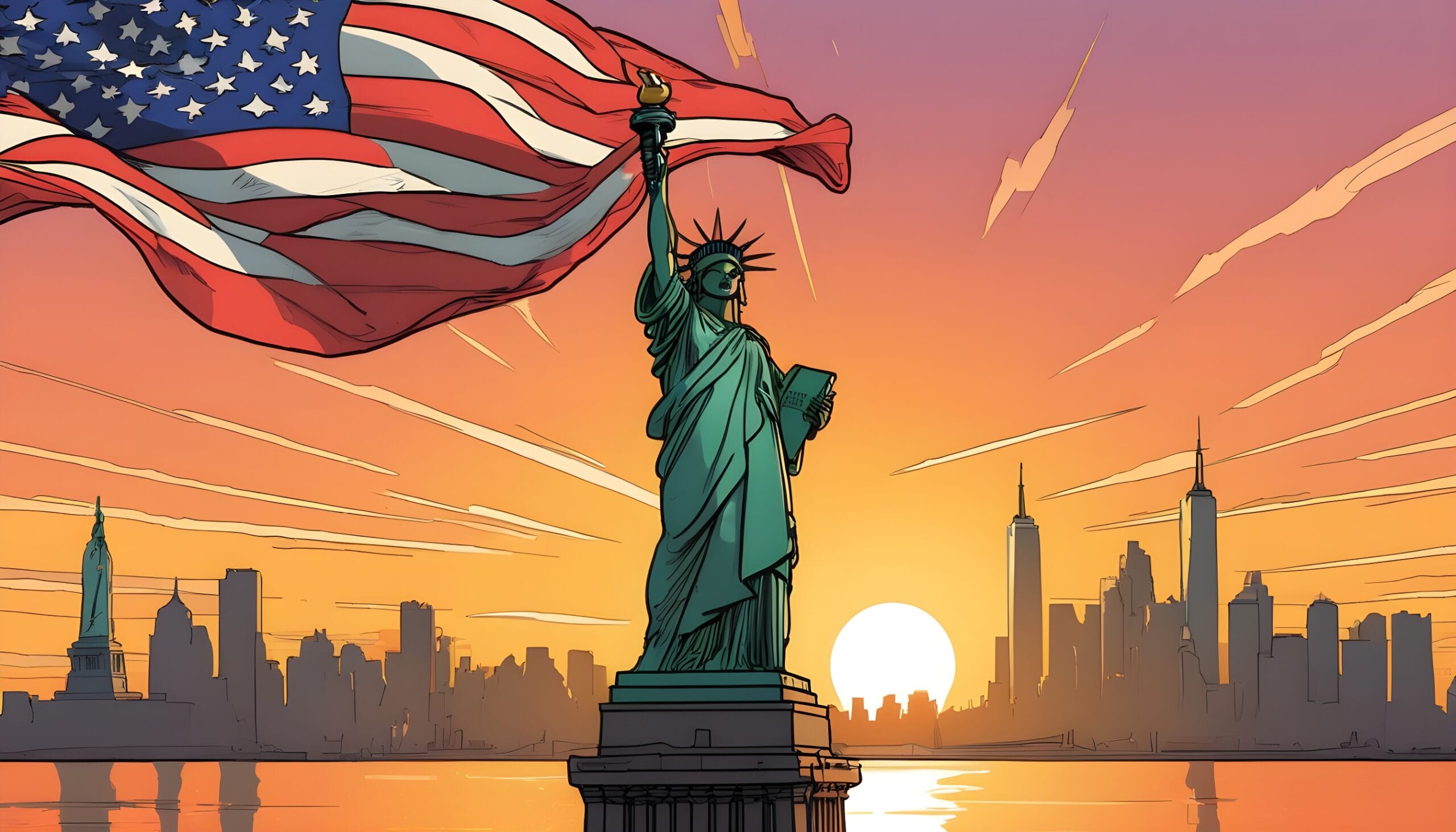 ilustracion de la ciudad de nueva york con la estatua de la libertad y una bandera de estados unidos