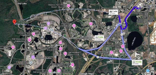 Ubicación de Orlando Vineland Premium Outlets cerca de Walt Disney World y Disney Springs