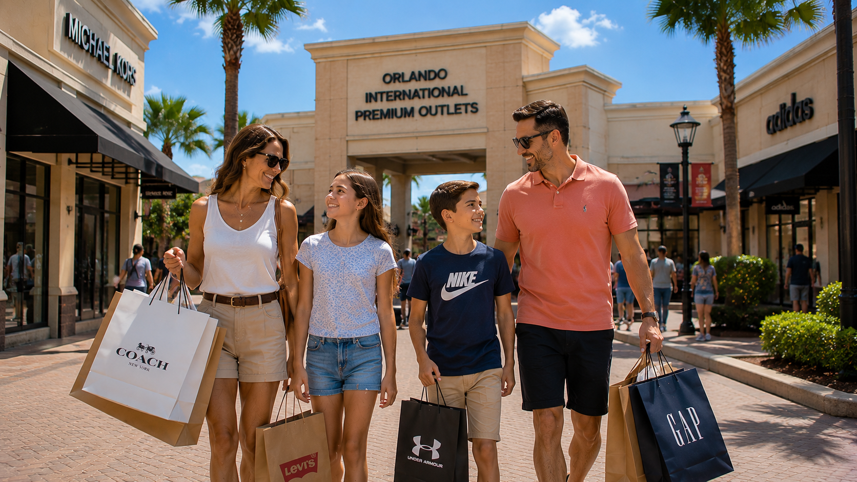 Familia disfrutando una jornada de compras durante sus vacaciones en Orlando.