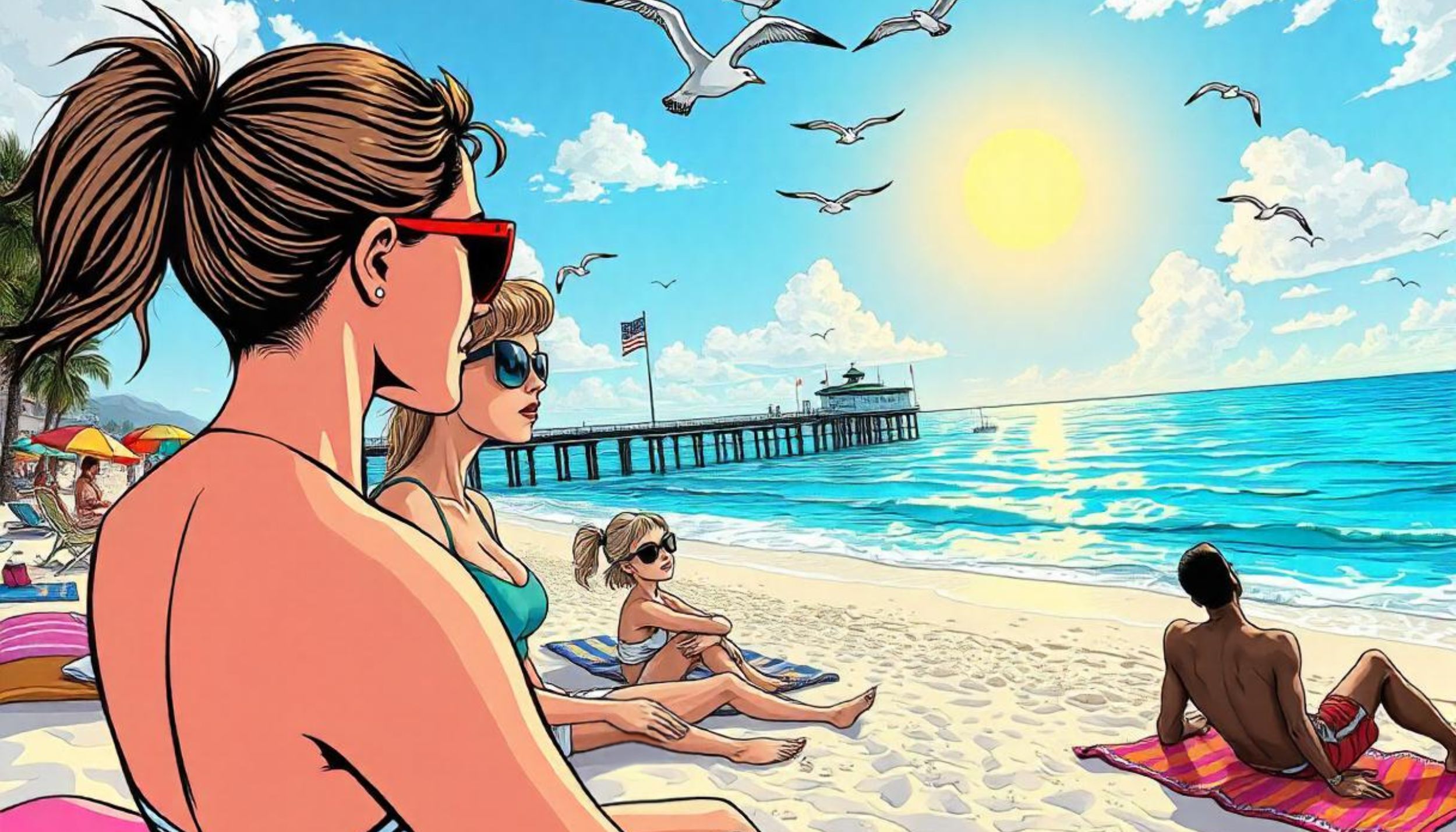 Ilustración de un grupo de personas disfrutando de un día soleado en la playa de Naples junto al muelle. Naples, Florida, USA.