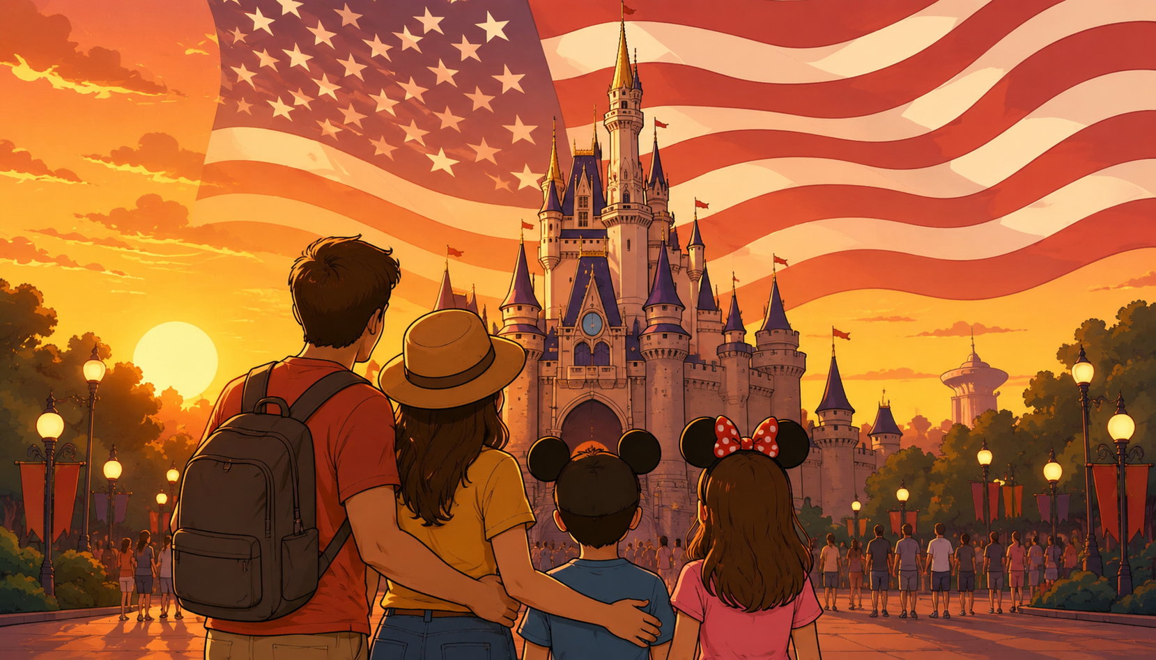 Ilustración de una familia parada frente al castillo de Disney