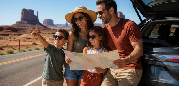 Familia realizando un Road Trip por Estados Unidos con cobertura de asistencia al viajero.