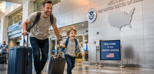 Familia llegando a Estados Unidos con asistencia al viajero y cobertura médica para disfrutar del viaje con tranquilidad.