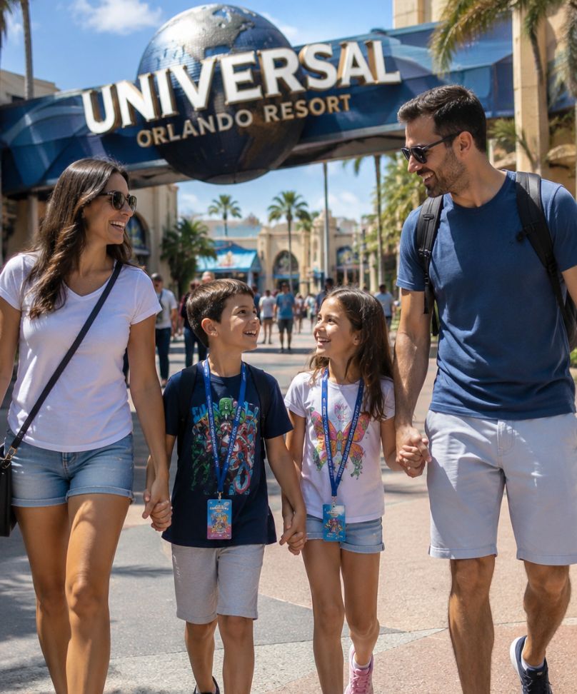 Familia disfrutando de un viaje a Universal Orlando organizado como parte de sus vacaciones en Orlando.